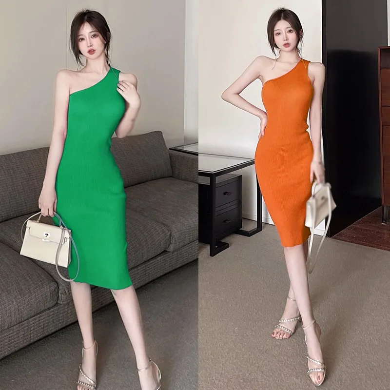 Women's Dress Diagonal Collar Bodycon Dresses Korean Version Solid Color Dress