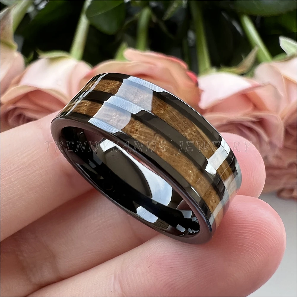8 mm Herren- und Damenring, Wolfram-Ehering, Paar-Modeschmuck, Whiskyfass, Holzeinlage, poliert, glänzend, bequeme Passform – Detail 2