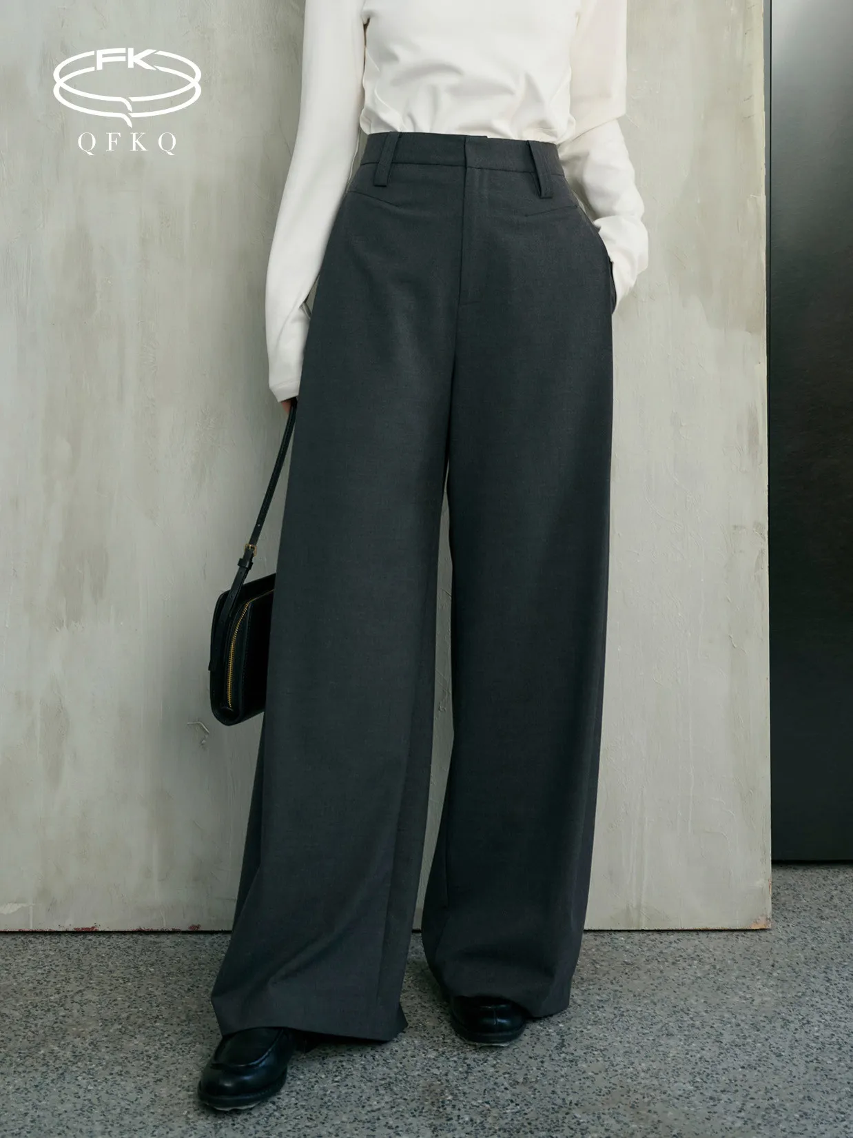 

Женские брюки QFKQ из премиальной шерсти, удлиненные, свободного кроя, повседневные, для офиса, прямые, весенняя новинка
