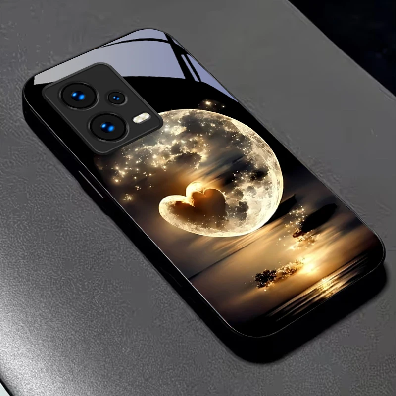 Romantic Moon Heart Black Glass Phone Case For Redmi Note 10 11 Pro+ 12 13 14 (Global) 14 Pro 5G K60 Ultra 13C 14C Glass Cover view 5