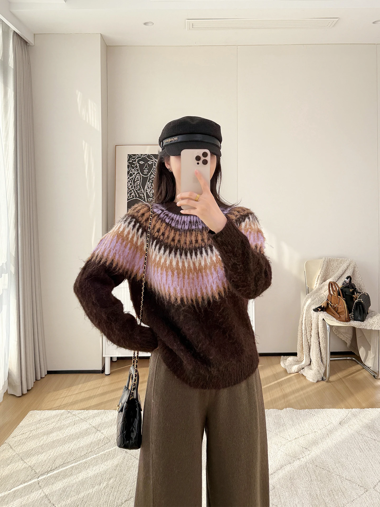 

Loose Knitted Fair Isle Sweater Lav Wave Retro Sle Camere Overhead Pullover Women's Faion Commute Sle Knitwear
