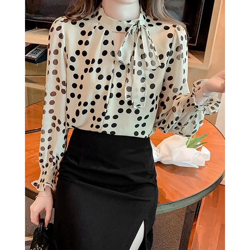 Spring Autumn Bow Polka Dot Long Sleeve Chiffon Shirt for Women\'s Chiffon Loose Elegant Shirt Tops Fashion Temperament Clothing