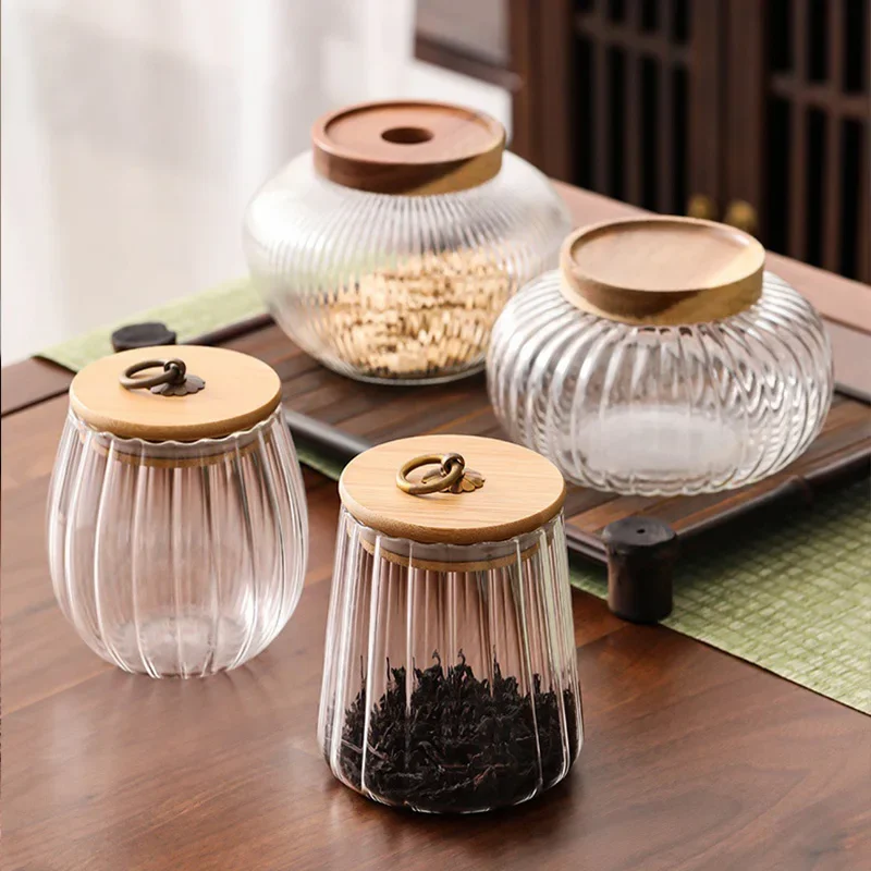 Wood Lid Glass Airtight Canister Kitchen Storage Bottles Jar Food Container Grains Pu\'er Tea Can Coffee Beans Candy Jars