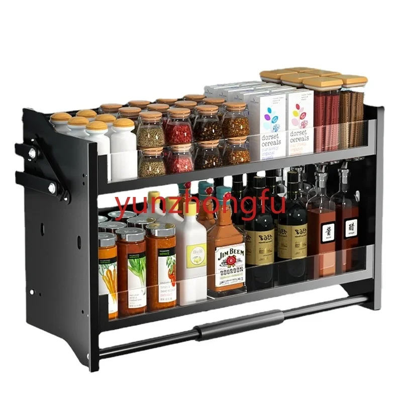 Pull-down cabinet upper and lower seasoning rack double shelf storage  Kitchen hanging  lifting basket