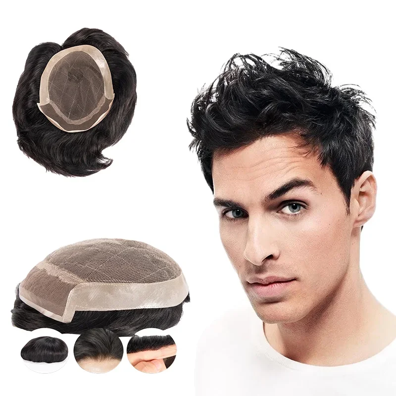 130 Density Toupee for Men Mono & NPU Human Hair Pieces Hair Units Male Replacement System Hair Prosthesis 8'x10'