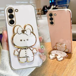 S24FE Makeup Mirror Cute Rabbit Phone Holder Case On For Samsung Galaxy S24 Fe Fan Edition S24 Plus Ultra 5G Girl Used Cover