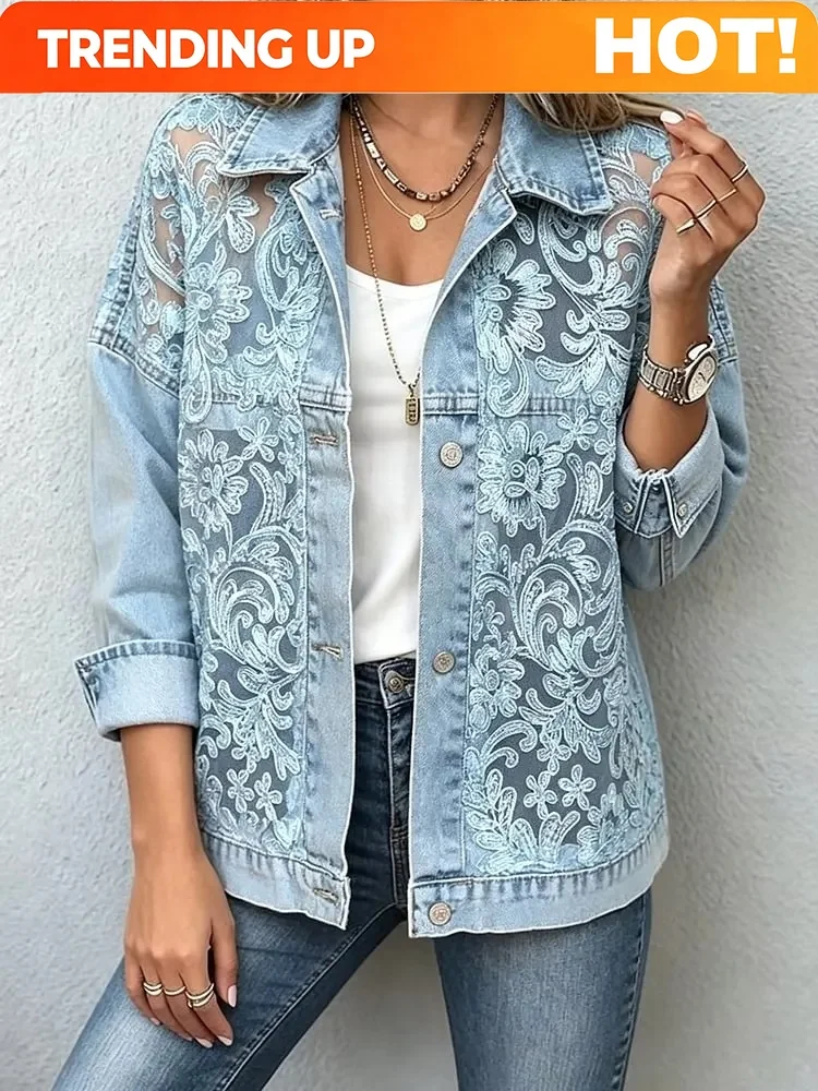 Customization 2026 New Women Lace Spliced Denim Jacket Loose Casual Lapel Long Sleeve Single Breasted Short Coat Fashion Streetw