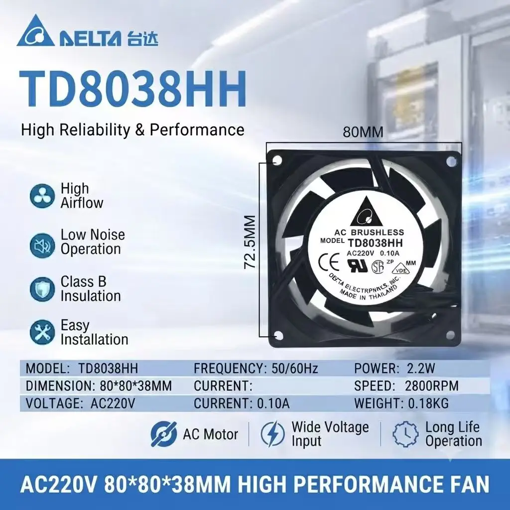 For DELTA TD8038HH AC Brushless Fan 80x80x38mm AC220V 0.10A 2.2W 2800RPM High Airflow Low Noise Industrial Cooling Fan
