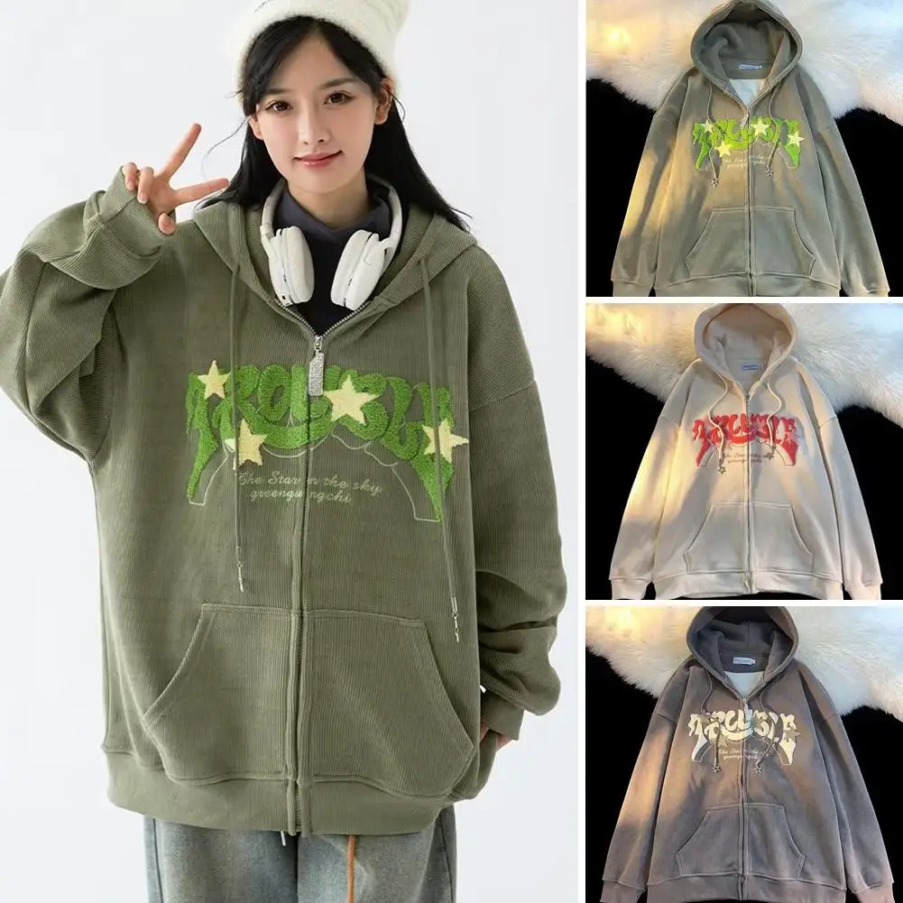 

Retro Style Embroidered Star Letter Corduroy Hoodies Zipper Cardigan Women's Clothing For Y2k Jacket Coat Casual Male Hoode G8T7