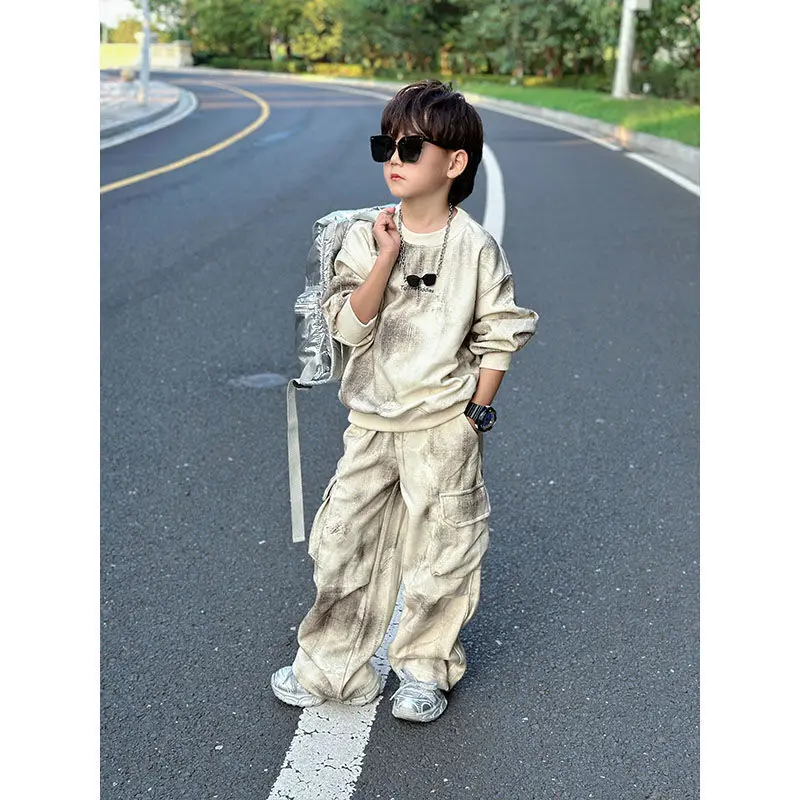 Boys' Autumn Spring 2025 Sweatshirt Pants Two-piece Suits 2025 New Big Size Boys' Sportswear Western Style Tie-dye Fashion Sets