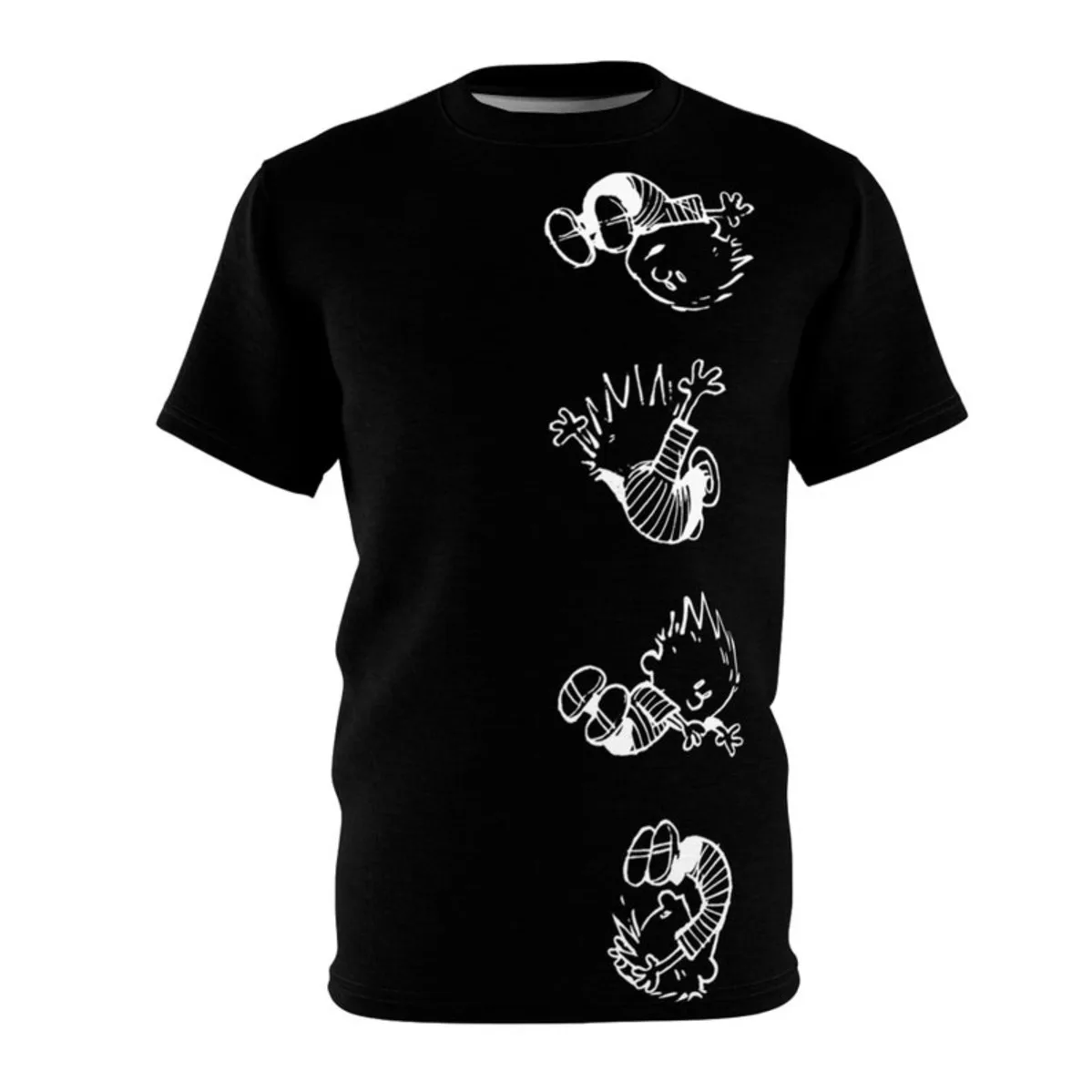 Camiseta negra con estampado de Calvin y Hobbes, camiseta gráfica unisex con corte y costura, camisa informal de algodón, camiseta vintage con dibujos animados