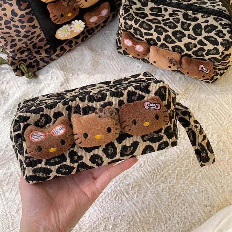 Miniso Hellokitty trousse de maquillage Kawaii motif léopard sac de rangement à main en cuir noir Kt trousse de rangement de toilette sac à main