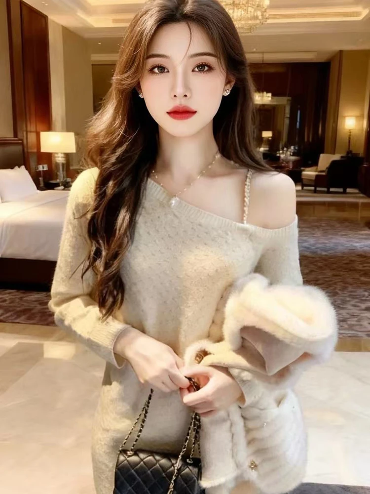 

Сексуальный вязаный одноплечий женский платье на осень-зиму, Новое поступление, внутренняя одежда, базовый слой, свитер или юбка, чистый осушающий свитер...