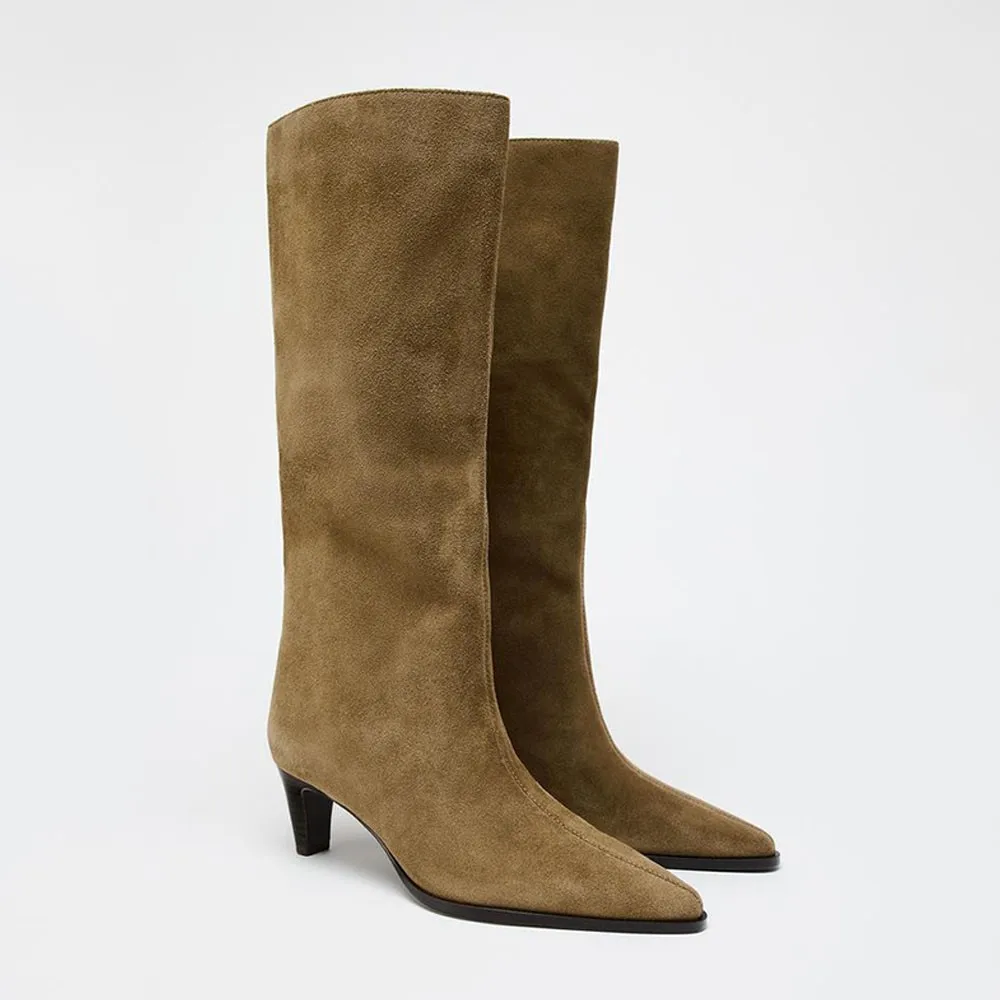

FWRD Women's Khaki Suede Tall Boots, Pointed Toe Mid-Heel Design, Soft Lining & Elegant Fit for Autumn Winter #FWRD000374