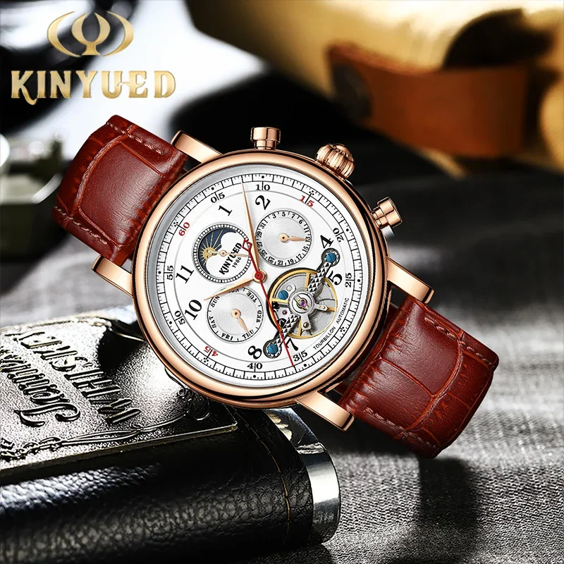 

KINYUED Luxury Men‘s Watches Automatic Mechanical Moon Phase Watch for Men Hollow Design Leather Strap Male Business Wristwatch