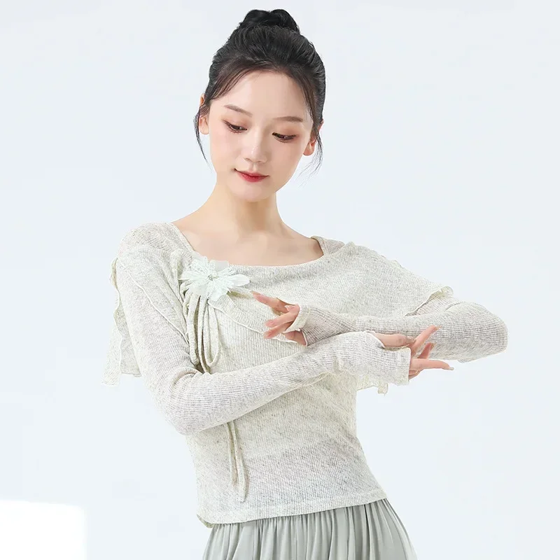 ملابس ممارسة ملابس الرقص النسائية الحديثة الجديدة للجسم للبالغين للتدريب اليومي بياقة مربعة وزهرة الرقص الكلاسيكي