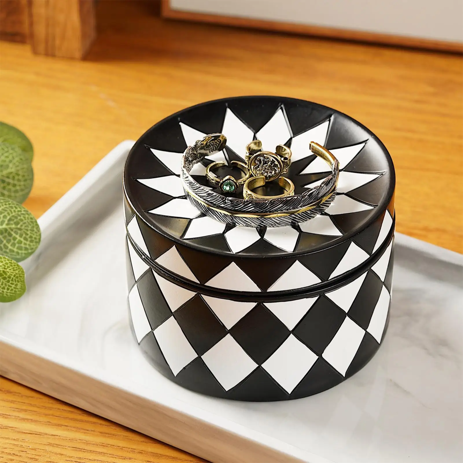 

Декоративная шкатулка для драгоценностей, лоток с крышкой, черно-белая клетчатая шкатулка для драгоценностей, органайзер для серег, ожерелий, колец, футляр для ключей