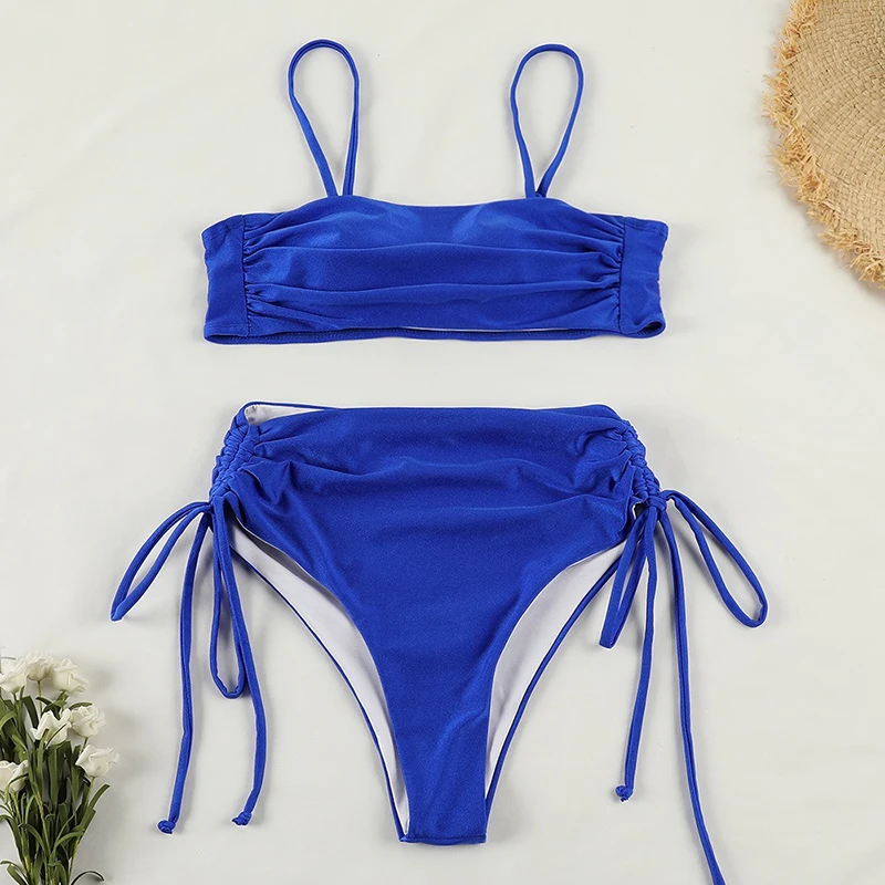 

High Waist Bikini Swimsuit Women Pleated Suspender Bra Drawstring Split Bathing Suit Biquini Fashion Casual Beachwear Two Piece