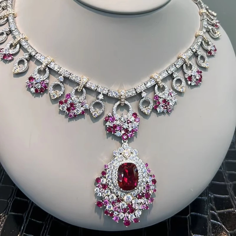 

BELLUX 925, серебро, белое золото, синтетический циркон, голубь, кровь, рубин, роскошный красный цветок, полный бриллиант, ожерелье, банкетные украшения