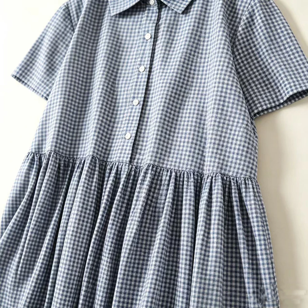 ブルーチェック柄襟付きミディドレス女性夏新ルーズフィット半袖 - Casual Loose Linen Shirt Dress のレビューと価格