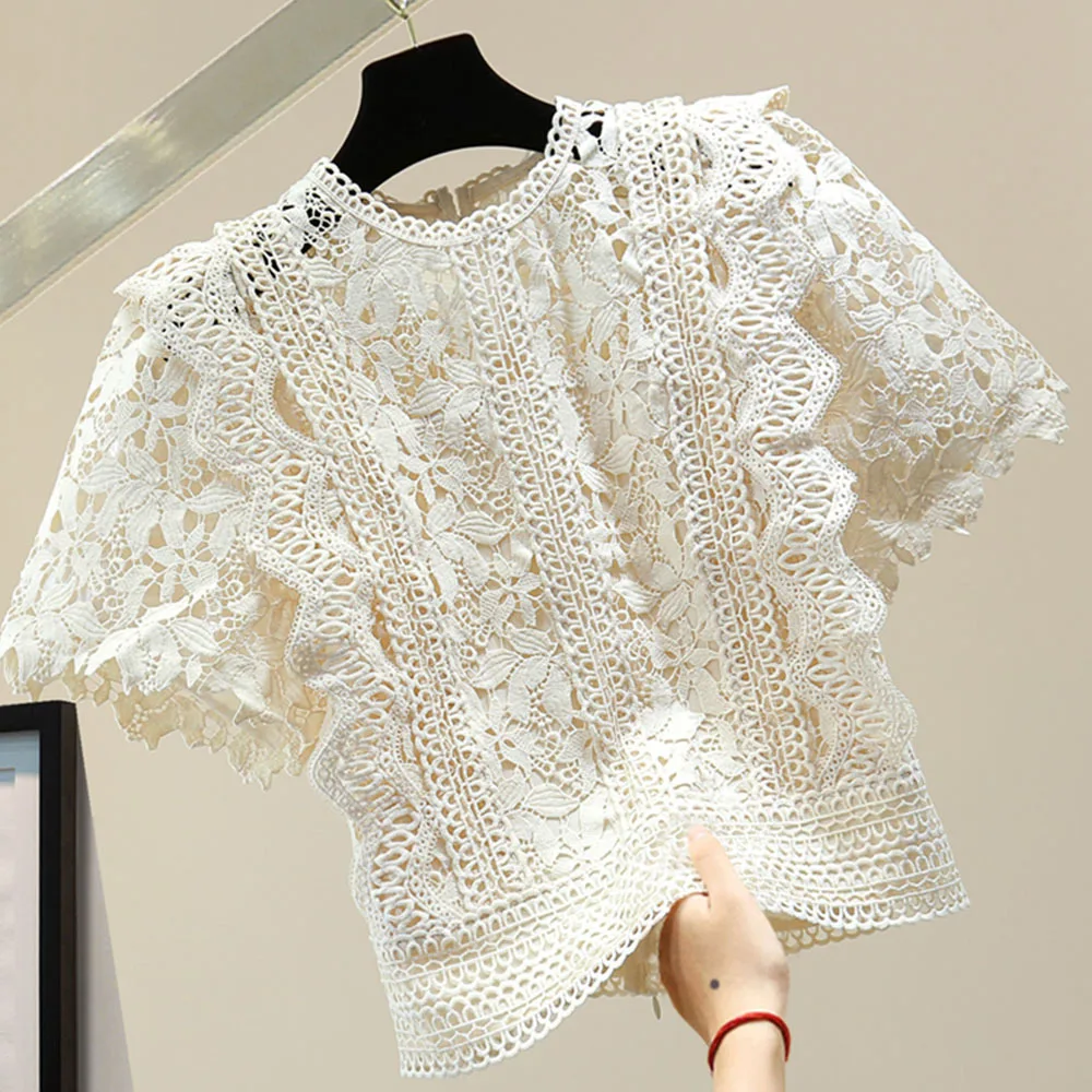 Elegant Lace Hollow Out Design Slim Blouse Women O Neck Flying Short Sleeve Solid Blusas Summer 2022 New Shirt Feminino