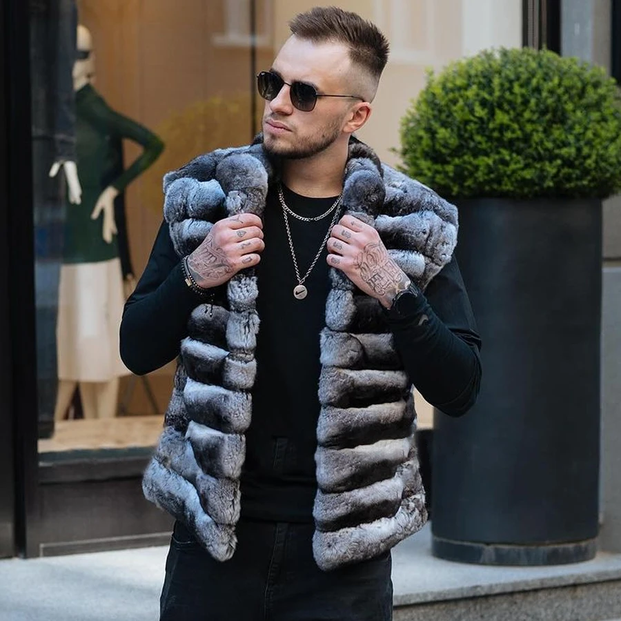 

Men Furs Vest With Stand Collar 2024 Winter Warm Natural Rex Rabbit Fur Waistcoats Chinchilla Color Gilet Men