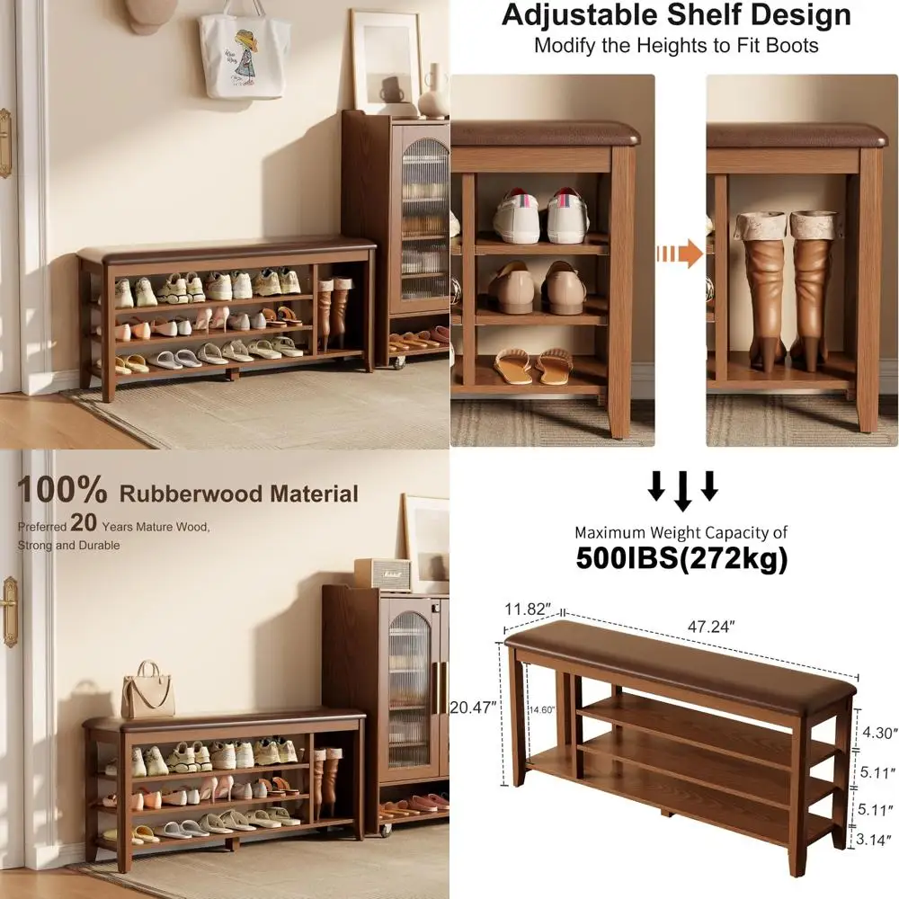 

Height Adjustable Solid Wood 3-Tier Shoe Bench with Cushion for Entryway, Bedroom, and Hallway in Walnut Finish