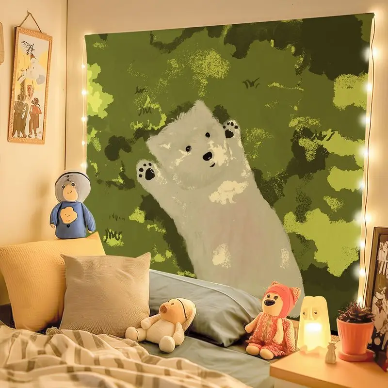 VIKAMA Forest Reaching Out West Highland Puppy Tapestry, Retro Green Cute Pet Wall Hanging for Bedroom Living Room Decor
