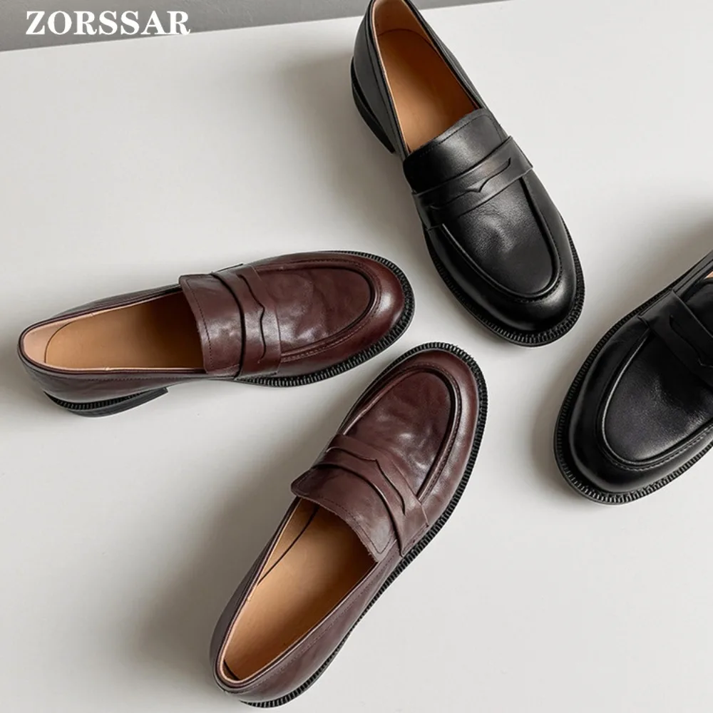 Vintage Loafers Women 2026 New Spring Round Toe One Foot Slip-on Shoes Women Genuine Leather Boat Shoes Soft Flats Shoes Women