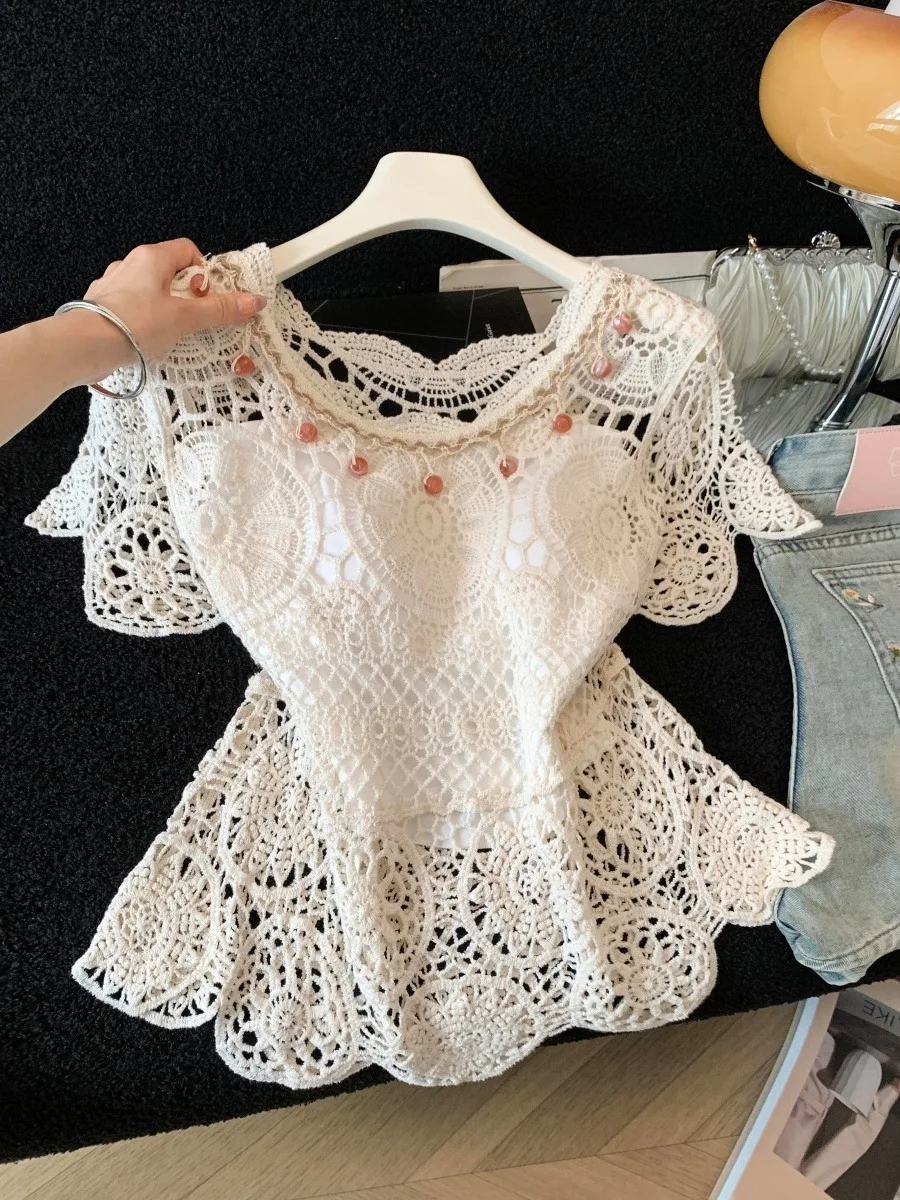 

Bohemian Lace Knitted Short Sleeve Top Women's Light Ethnic Style V-Neck Cover up Shirt with Strap Summer Thin Model