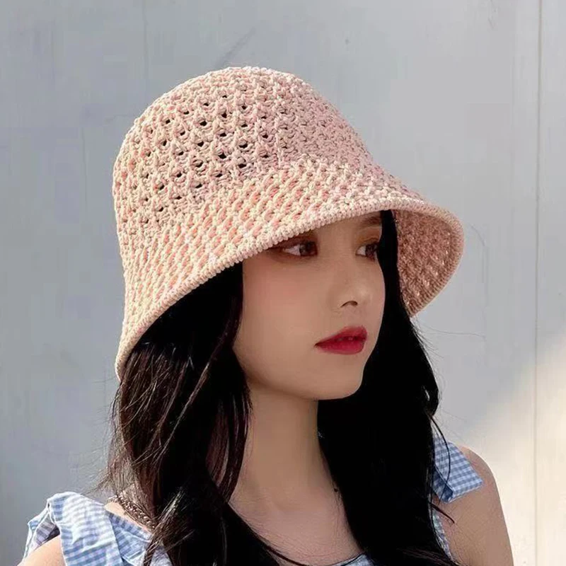 Bucket Hat Spring Summer Hollow Knitted Hat Solid Color Sunhat Fisherman Caps Casual Foldable Beach Cap