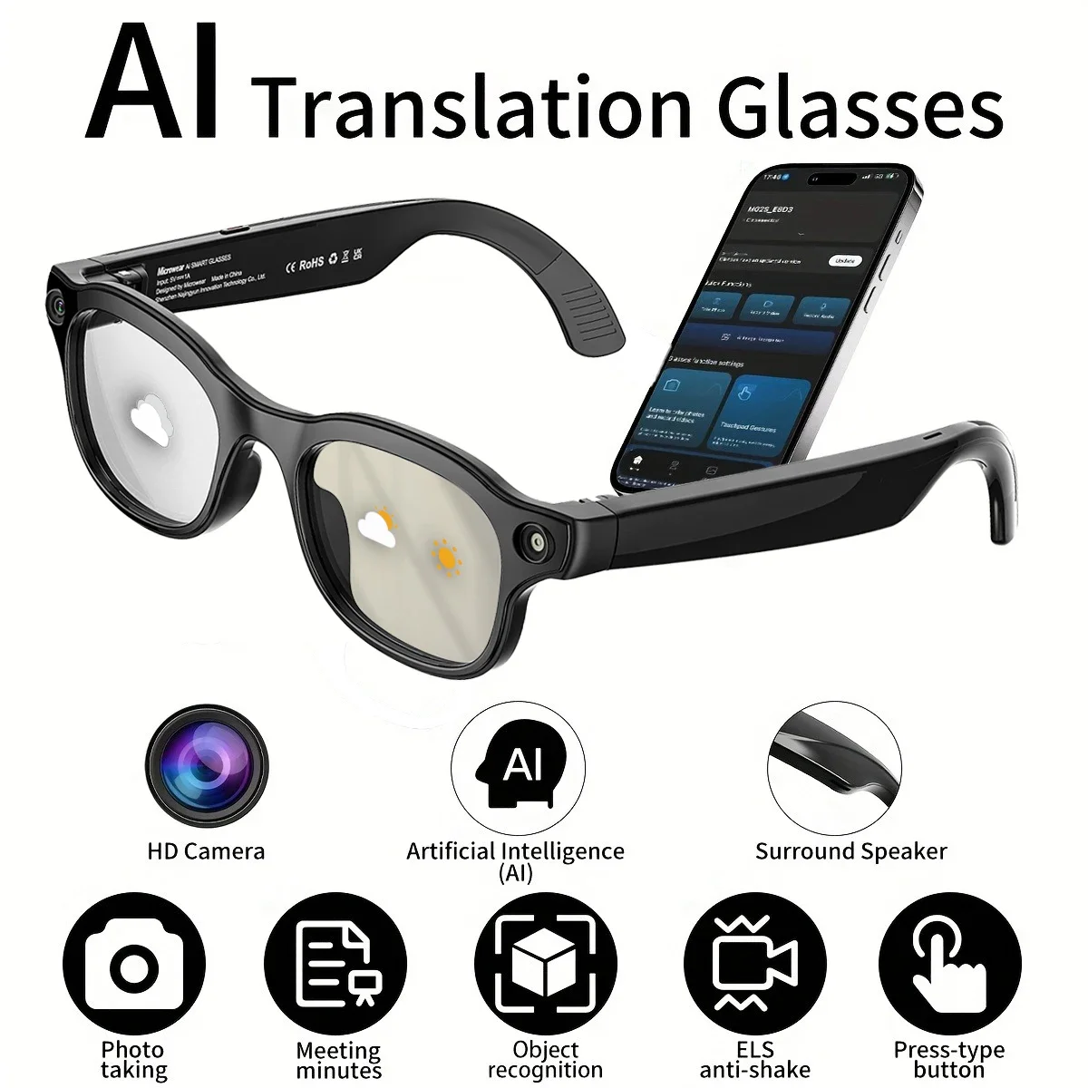

Умные HD-очки с ИИ и камерой, 800 Вт, запись видео 1080P HD, ИИ-ассистент, перевод в реальном времени, с линзами, меняющими цвет