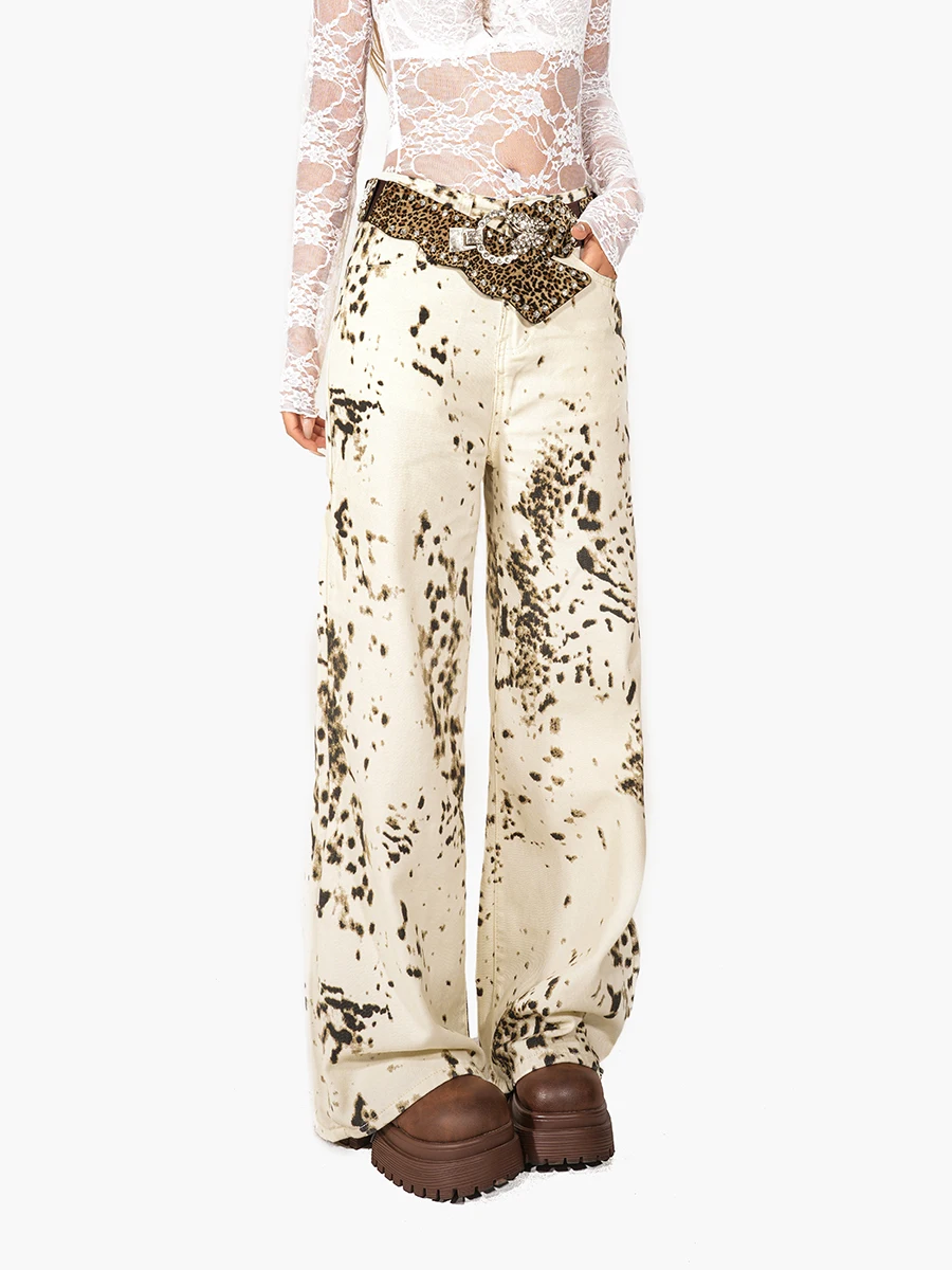 

Чернильные американские ретро снежные леопардовые принты повседневные джинсы женские High Street пряные широкие прямые длинные брюки