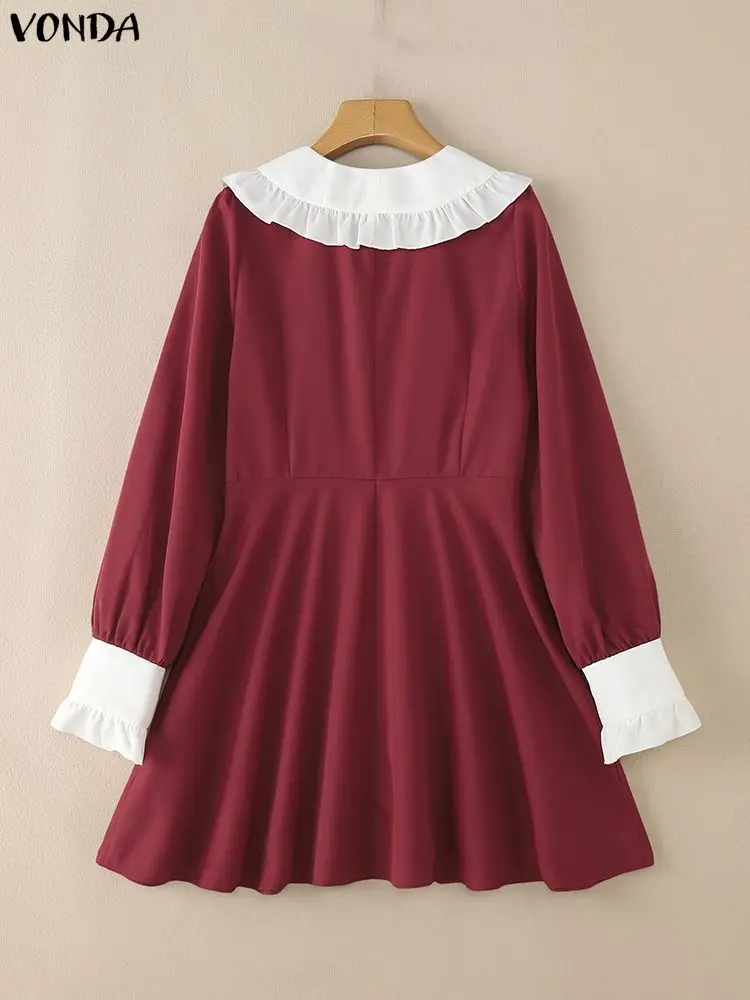 VONDA Elegante Vrouwen Mini Jurken Lange Mouw Peter Pan Kraag Korte Vestidos Herfst Lente Casual Losse Verstoorde Party Gewaad Femme