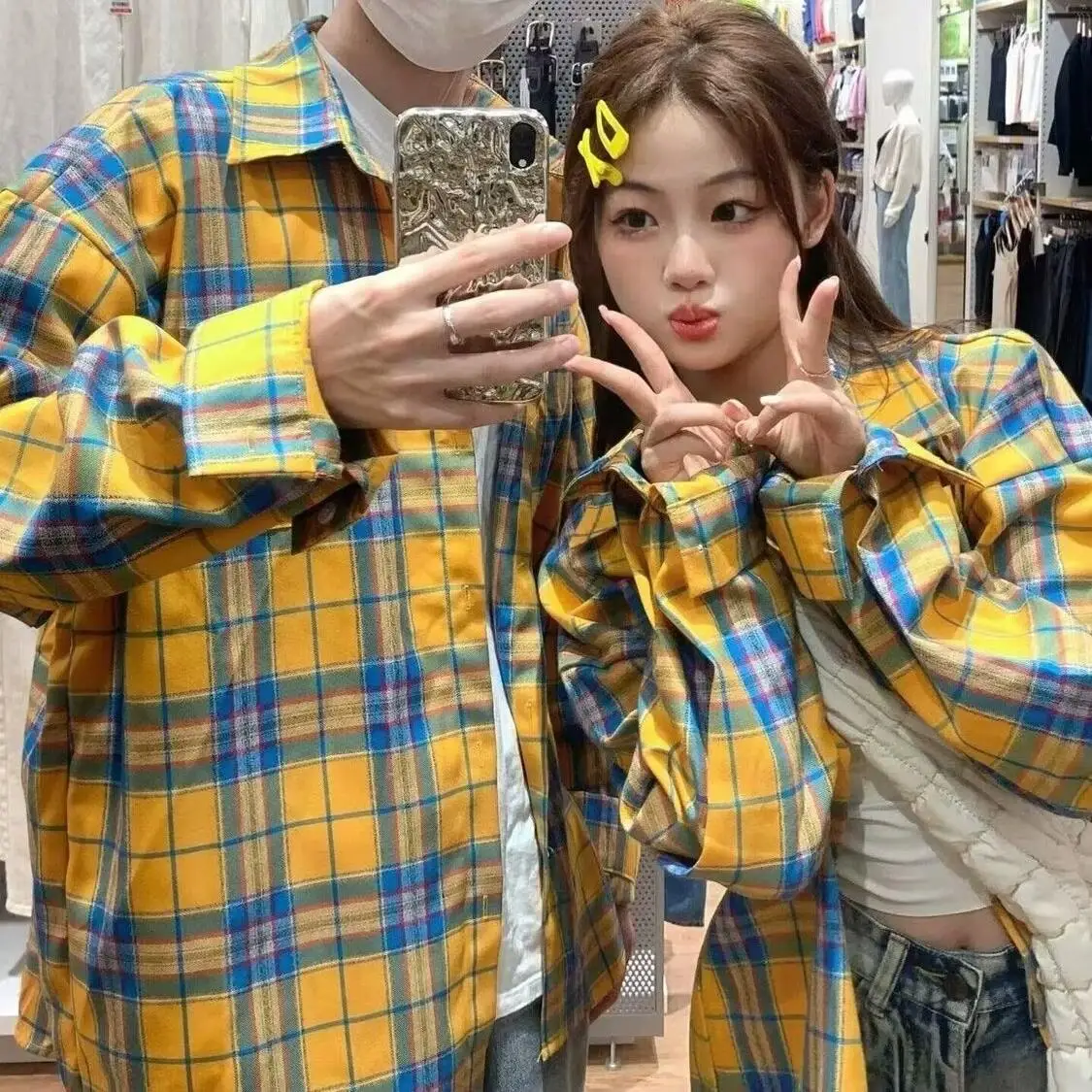 

Loose Fit Long Sleeve Men's Shirt plus Size 300 Pounds Yellow Grid Pattern Trendy Fat Guy Simple Couple Outerwear Spring Autumn