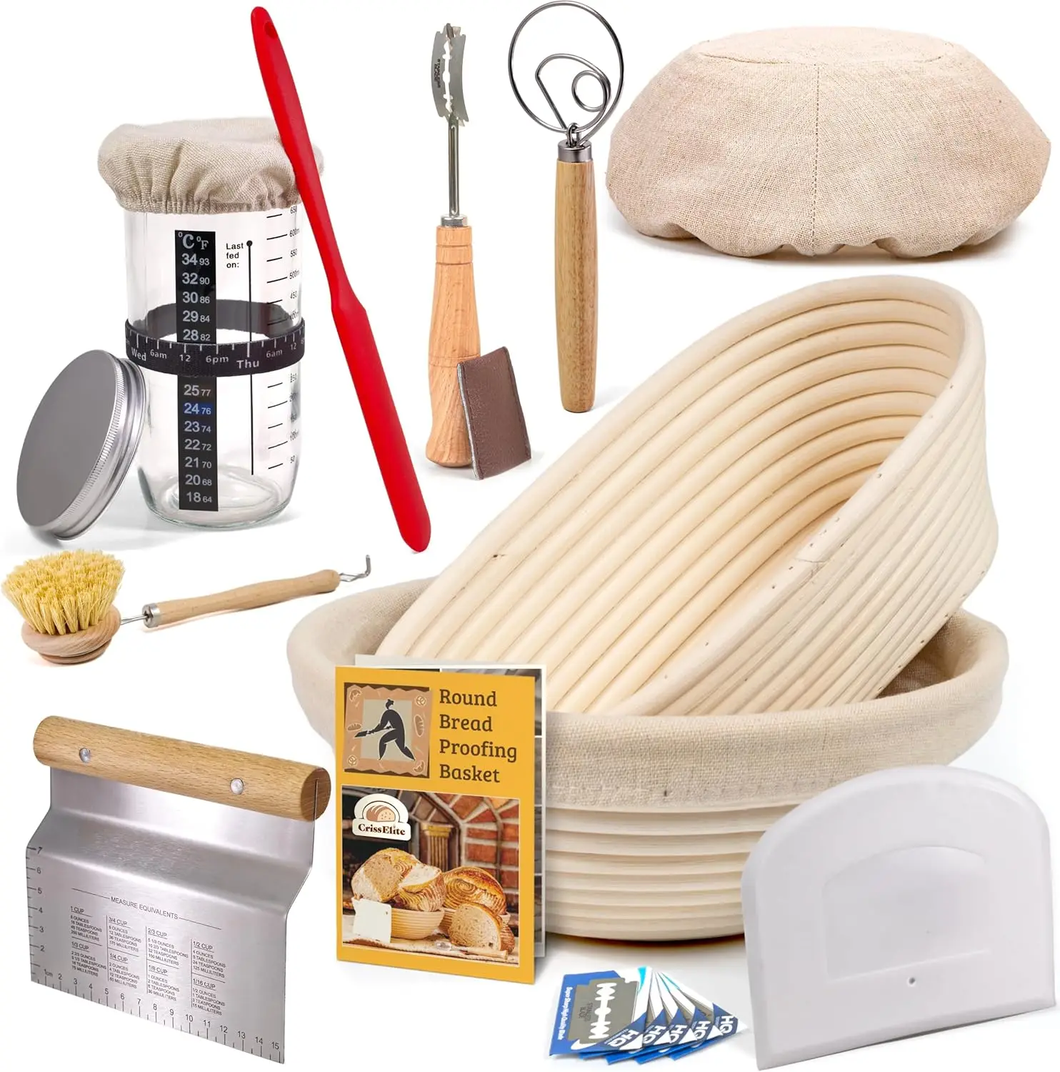 

Complete Sourdough Starter Kit with Rattan Baskets, Glass Jar, and Baking Tools for Home Bakers