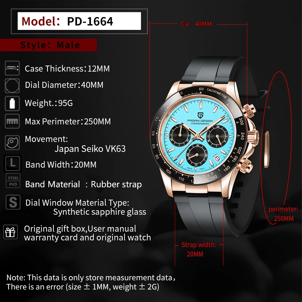 PAGANI DESIGN 1664 Watch Luxury Gold Blue Quartz Watch Men's AR Sapphire Crystal Calendar Waterproof Stainless Steel Men's Watch