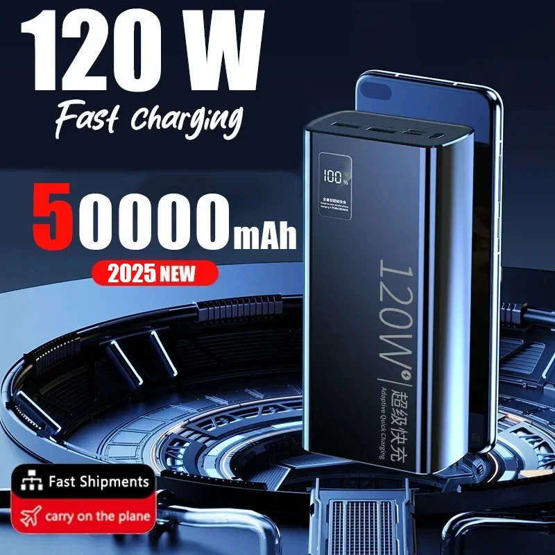 120W High Capacity Power Bank 50000mAh Fast Charger Portable Battery With Digital Display Powerbank For iPhone Samsung Xiaomi