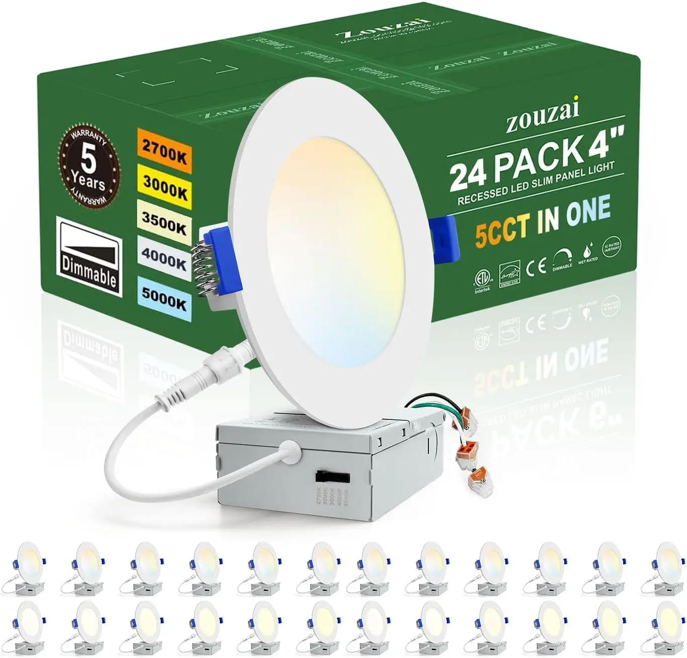 

24 Pack 4 Inch Ultra-Thin LED Recessed Ceiling Light, 5CCT Adjustable Dimmable Can-Killer Downlight, ETL & Energy Star