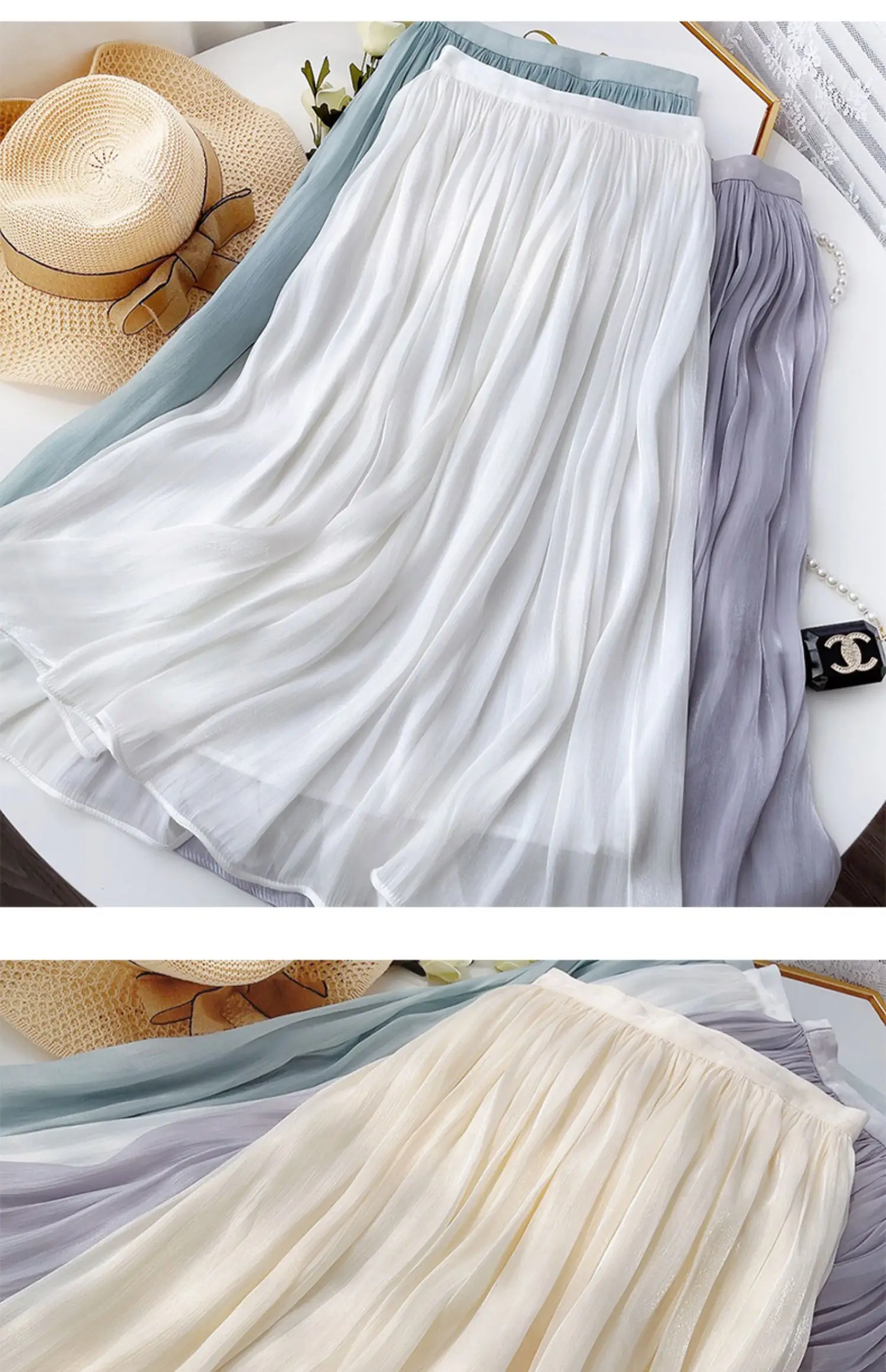 2026 Frühjahr/Sommer Neuer Glänzender A-Linien-Rock für Damen, Einfarbig, Hohe Taille, Französischer Pariser Stil, Eleganter Asymmetrischer Rock – Detail 5