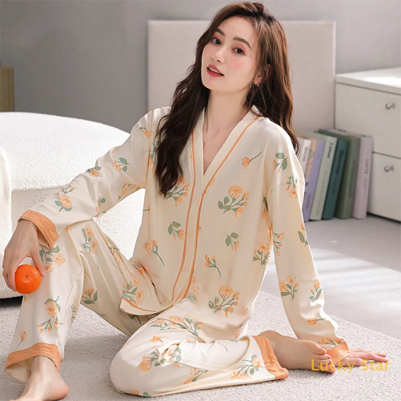 

Four Seasons Women's Pajamas Long Sleeves And Pants 2025 New Sweet And Cute Home Clothes Set Can Be Worn Outside