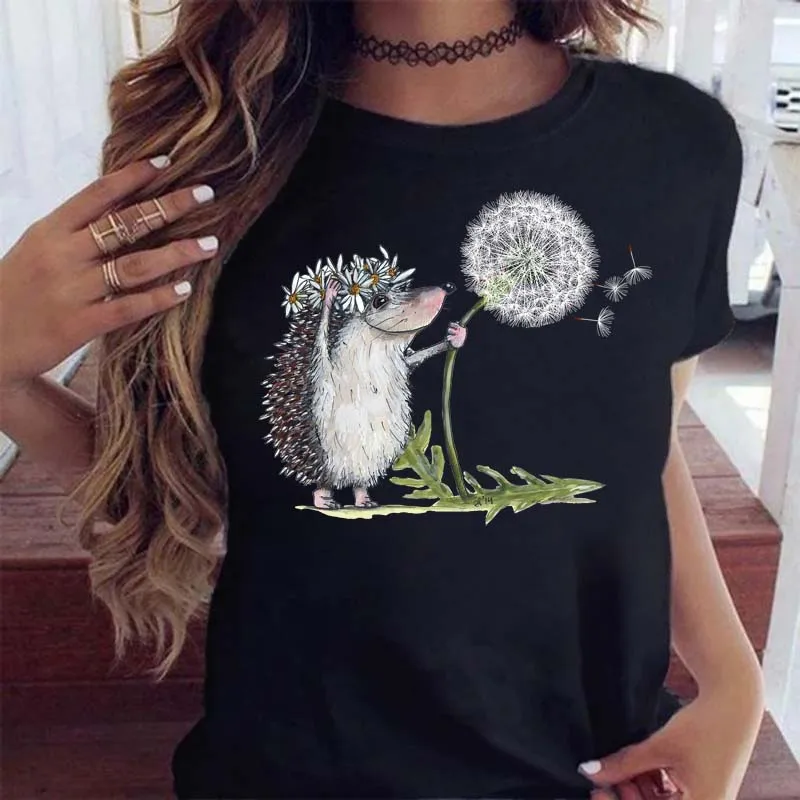 

Maycaur Cute T-shirt Female Hedgehog Dandelion Print Tshirt Summer Casual Short Sleeves Tee Tops Kawaii Women Tshirt Streetwear