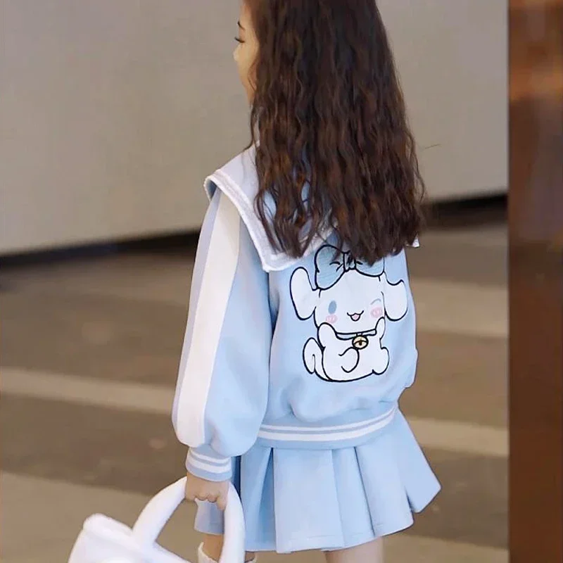 Kawaii Sanrio Cinnamoroll Sweatshirt Set Cute Cartoon Children Baseball Uniform Jacket Pleated Skirt Trousers Autumn Trend Suit