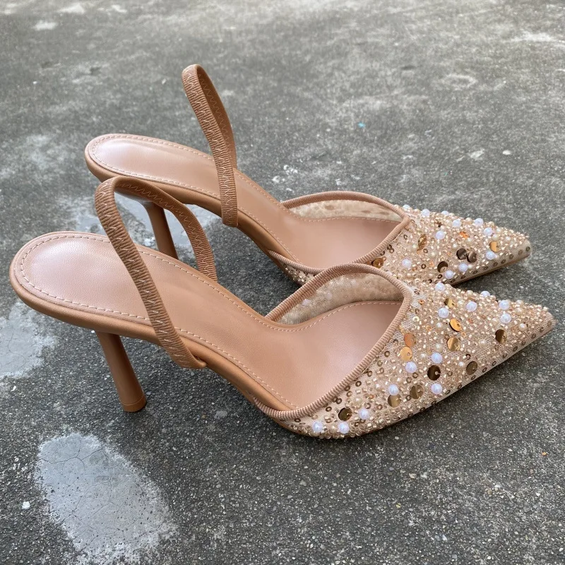 

Fashion Mesh String Bead Women Pumps Sandals Sexy Pointed Toe Breathable Bling Comfortable Dress Party Mules Shoes