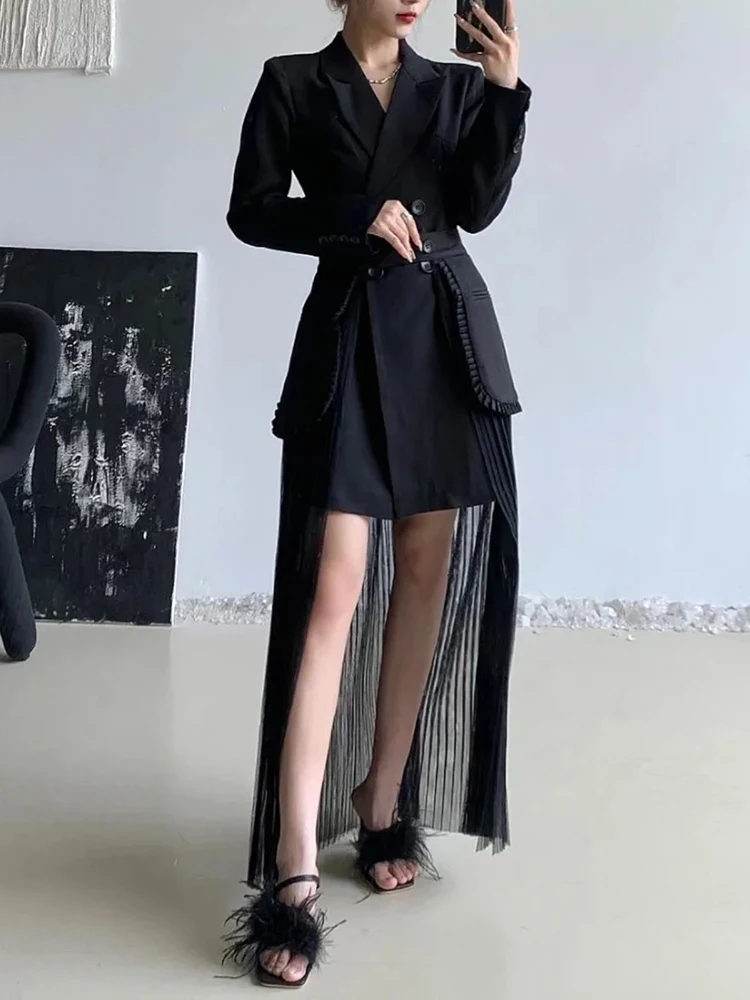 GALCAUR Slim Two Piece Sets For Women Notched Collar Long Sleeve Tops High Waist Spliced Mesh Skirt Casual Solid Set Female New