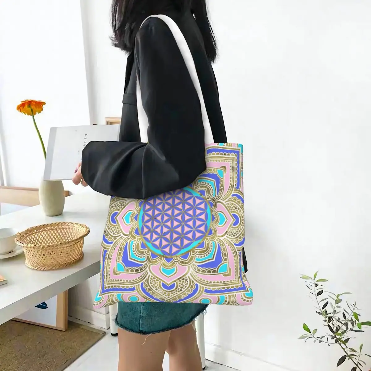 Flower Of Life In Lotus Pastels And Gold Canvas Tote Bag Reusable Large Capacity Grocery Bag for Women Mandala Travel Bags