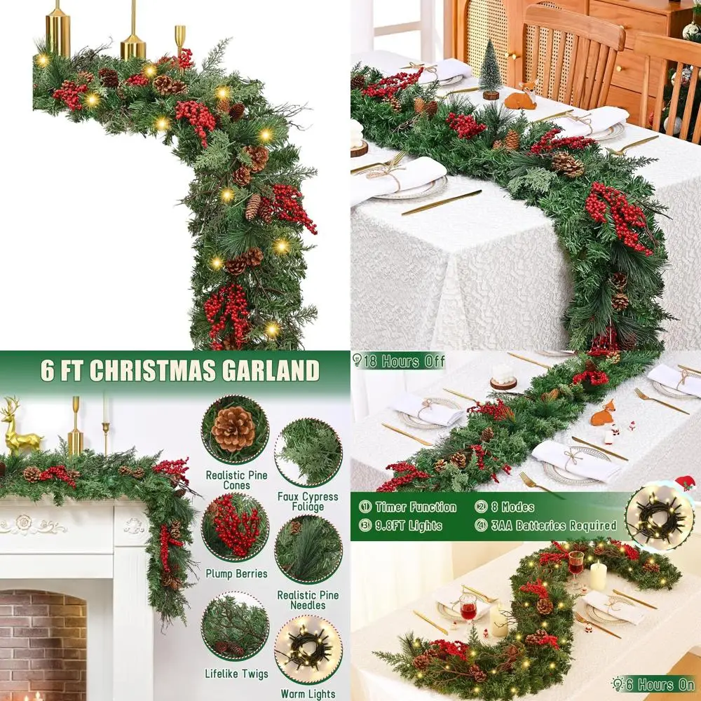 

Рождественская гирлянда с огнями, 6 футов, искусственная сосна для мантии, реалистичные конусы и ягоды, для использования в помещении и на открытом воздухе, декор лестничных перил