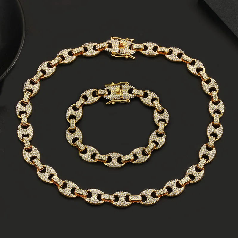 

Men Women Hip hop Iced Out Chain Necklace High Quality 12mm Coffee Bean Link Chain Necklaces Fashion Jewelry Hiphop Rapper Gift
