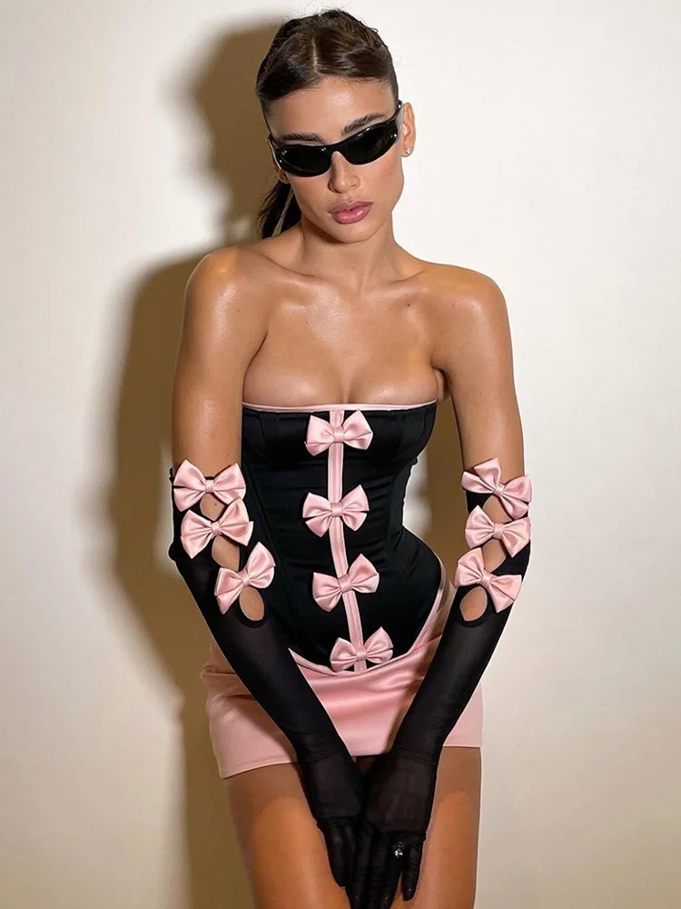 Articat Sexy Strapless Bows Trim Women Two Piece Sets Black Gloves Tops Pink Skirts Female Summer Skinny Fashion Party Clubwear