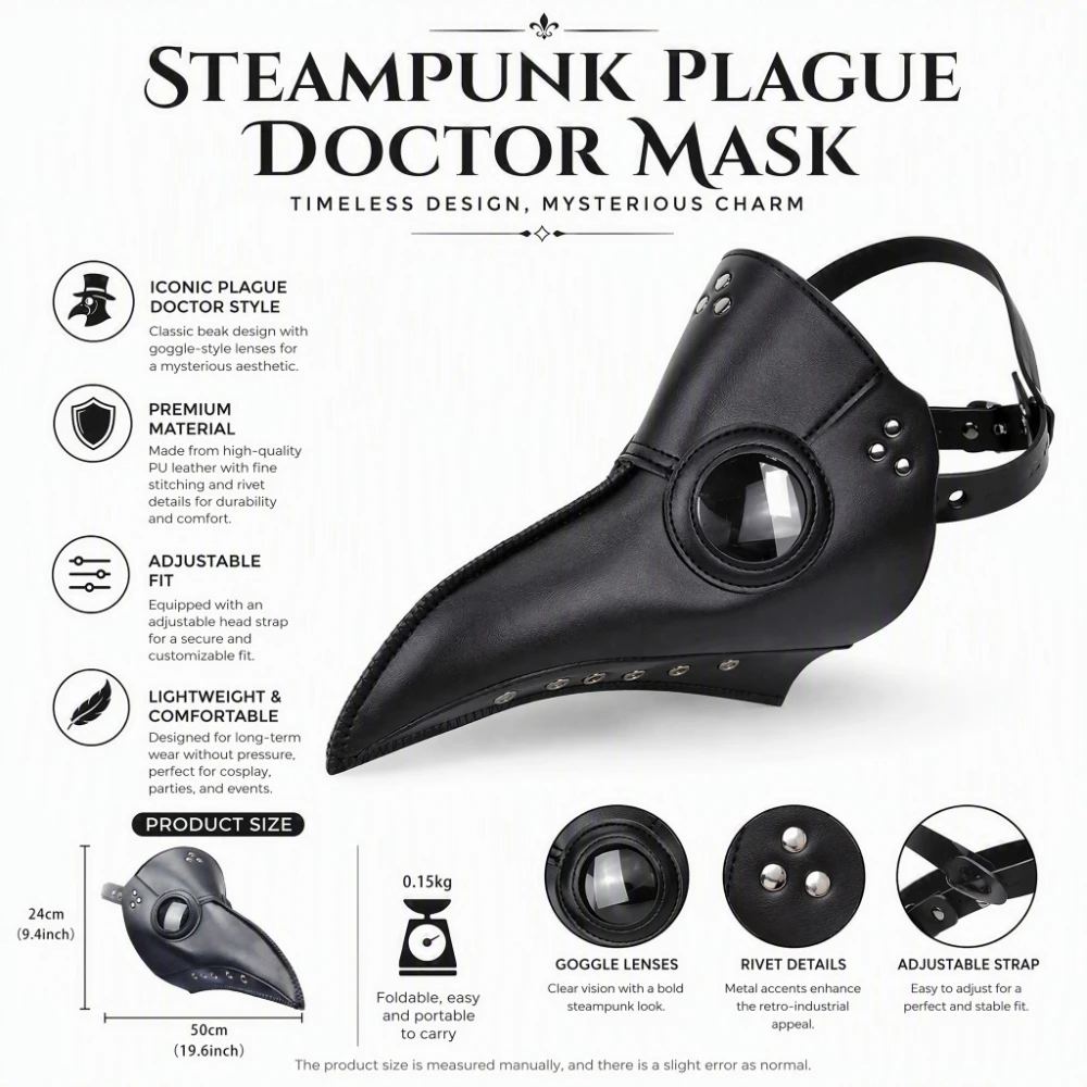 Halloween-Maskerade-Maske Steampunk Pestdoktor-Vogelschnabelmaske Schwarze Kapuze Unisex Cosplay Fotoshooting-Requisite